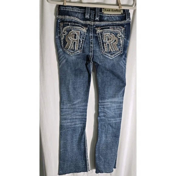 Rock Revival Womens Jeans Blue Denim Mid Rise Boot Embroidered 25 Distressed - Picture 2 of 9